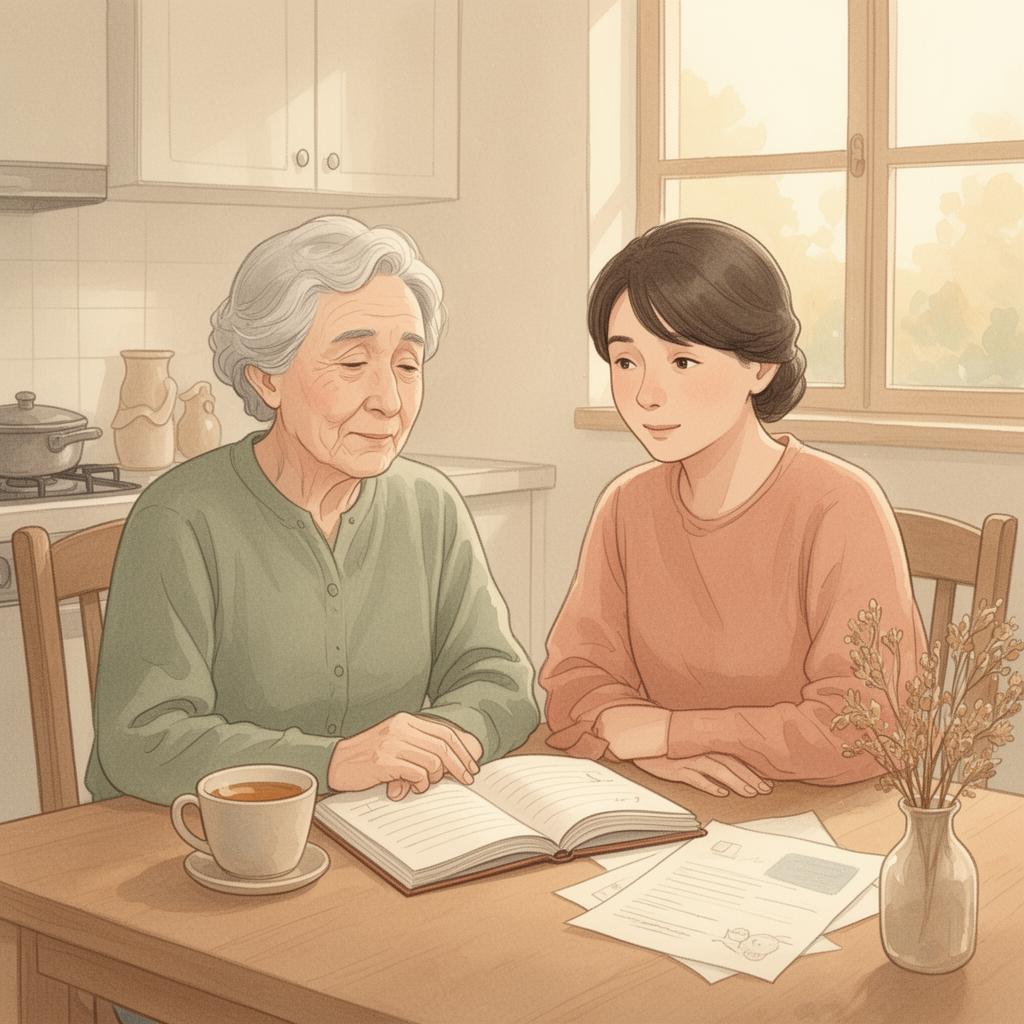 Illustration éditoriale d'un parent âgé et de son enfant regardant ensemble un carnet ouvert sur une table en bois, dans une lumière chaleureuse et apaisante