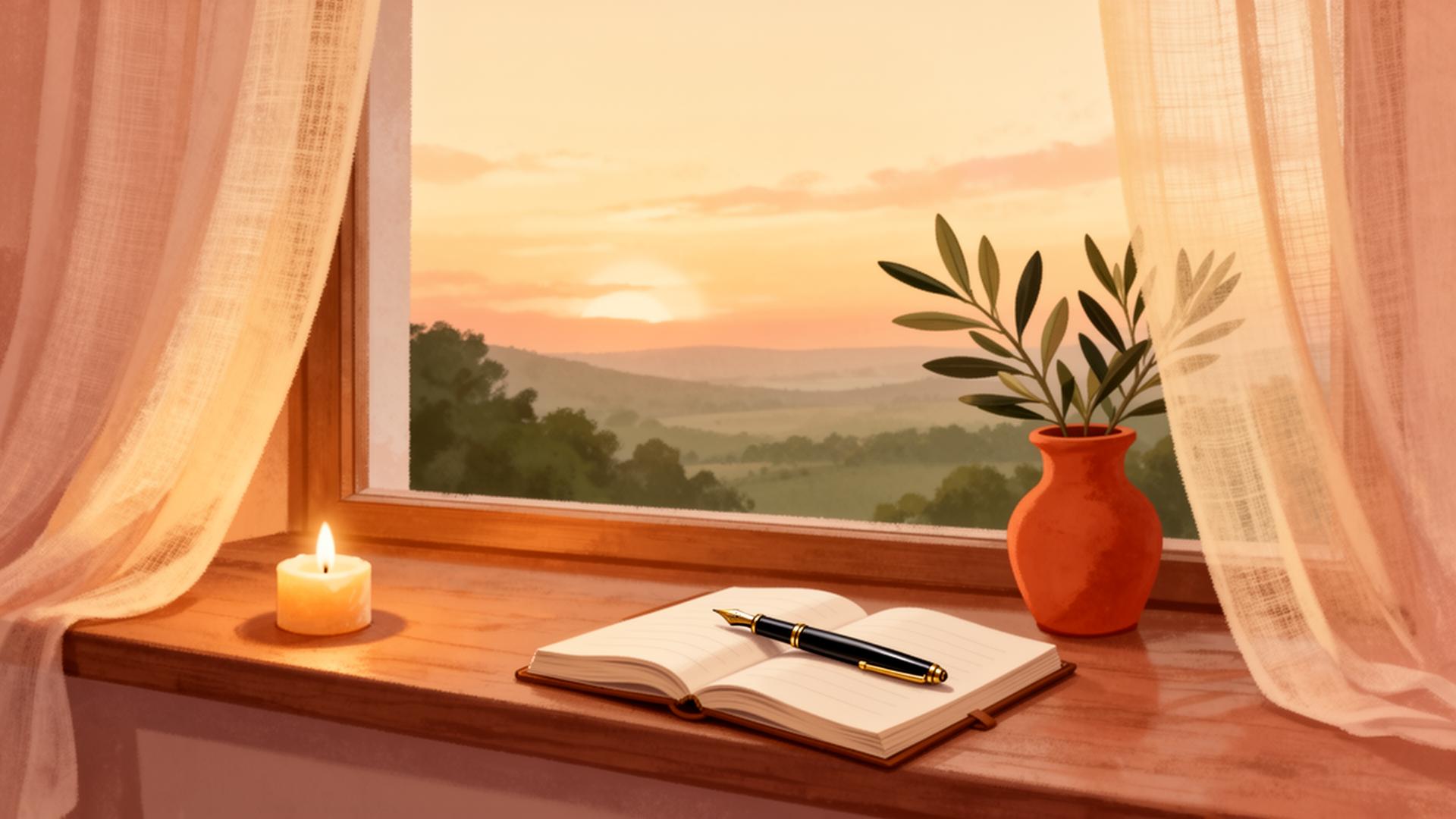 Illustration éditoriale d'une fenêtre belge au crépuscule avec une bougie, un carnet et un brin d'olivier — symbole de la préparation sereine de ses volontés