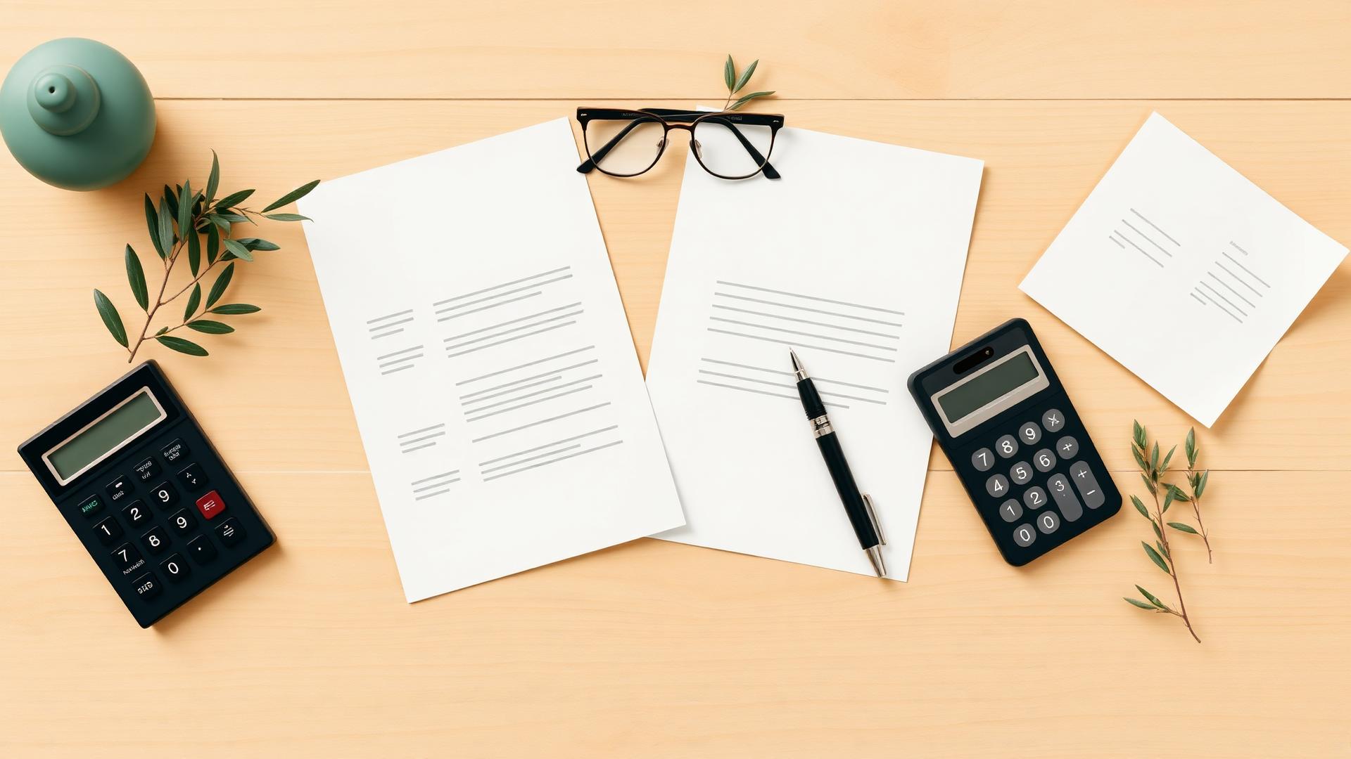 Illustration éditoriale de deux propositions d'assurance comparées sur un bureau en bois clair, avec lunettes, calculatrice, stylo et brin d'olivier