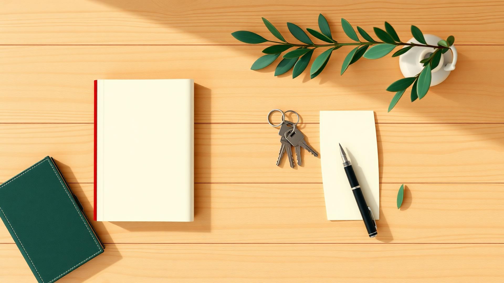 Illustration éditoriale d'un bureau en bois clair avec un livret bancaire, un trousseau de clés, une enveloppe, un stylo plume et un brin d'olivier — symbole d'une organisation calme des démarches bancaires après un décès