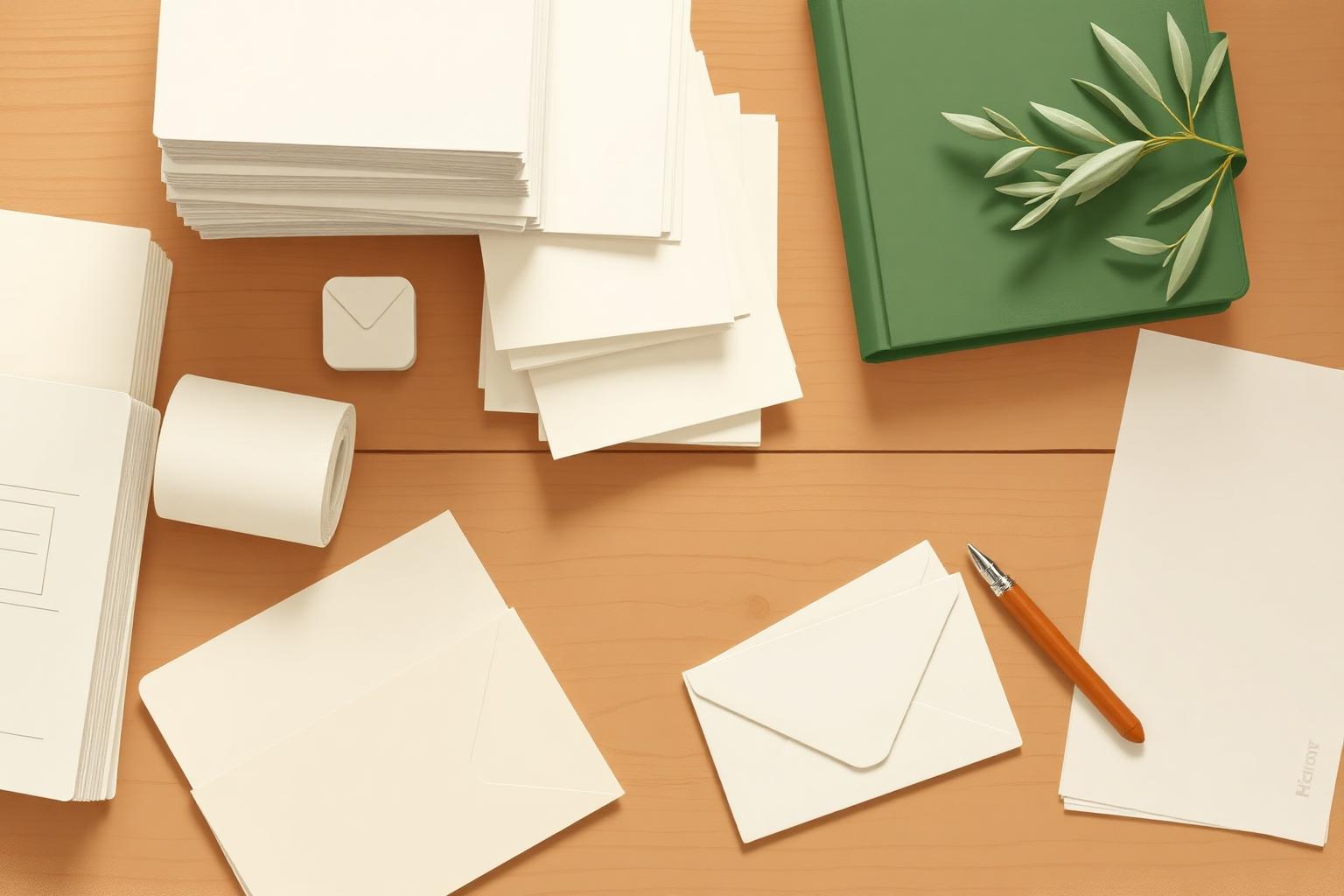 Illustration éditoriale d'un bureau en bois clair avec des piles de documents organisés, un classeur vert, des enveloppes et un brin d'olivier — symbole d'un dossier administratif bien classé après un décès