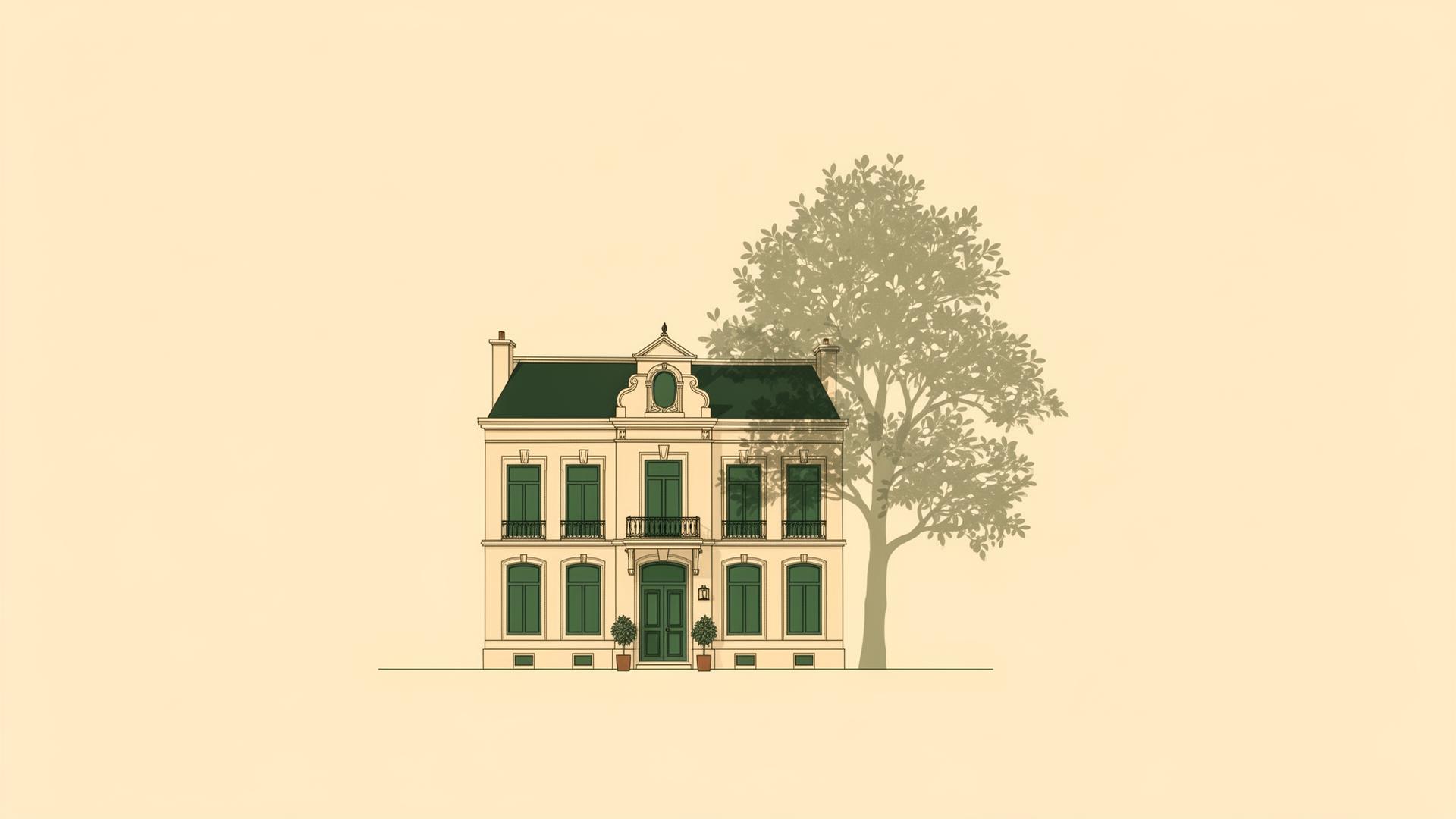 Illustration éditoriale d'une maison de maître belge à côté d'un grand arbre, symbolisant la transmission patrimoniale