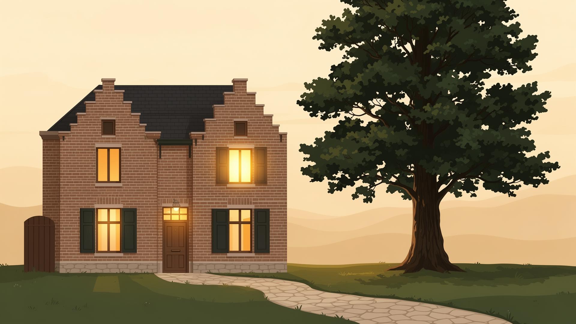 Illustration éditoriale d'une maison belge avec une fenêtre éclairée au crépuscule et un grand arbre, symbolisant l'accompagnement après un décès