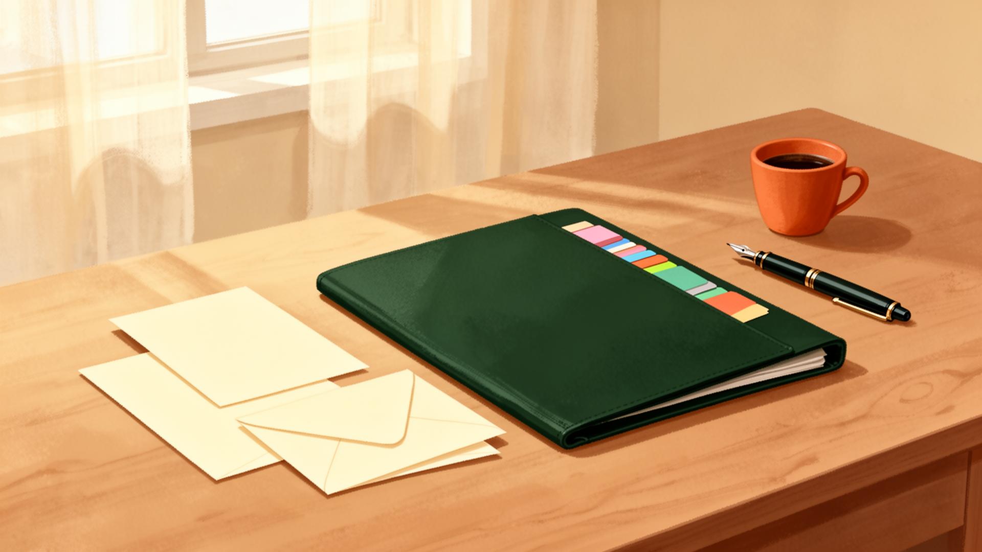 Illustration éditoriale d'un bureau en bois clair avec un classeur vert, des enveloppes et un stylo plume — symbole de l'organisation des organismes à prévenir après un décès